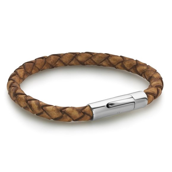 ITALGEM STEEL Men's Brown Leather & Steel Bracelet